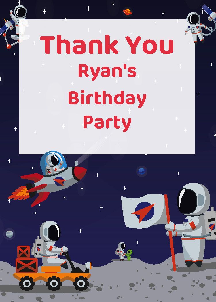 Personalized kids space birthday party printable thank you tag with custom name from Instant Party Kit