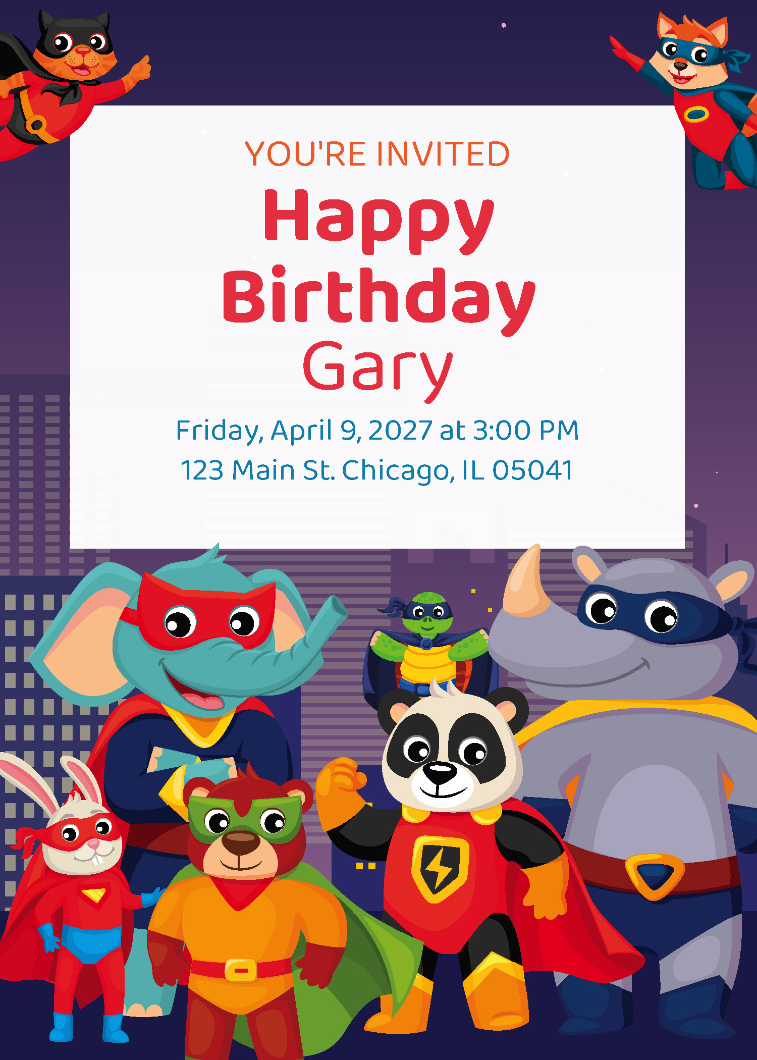 Superhero animal squad birthday party printable invitation — Instant Party Kit