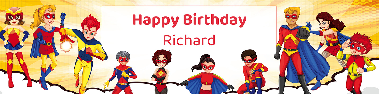 Personalized boys superhero birthday party printable 4-foot banner with custom name from Instant Party Kit
