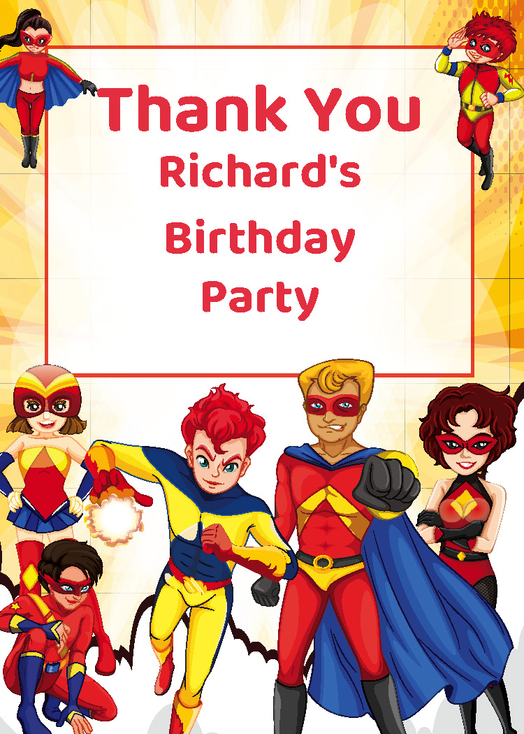 Personalized boys superhero birthday party printable thank you tag with custom name from Instant Party Kit