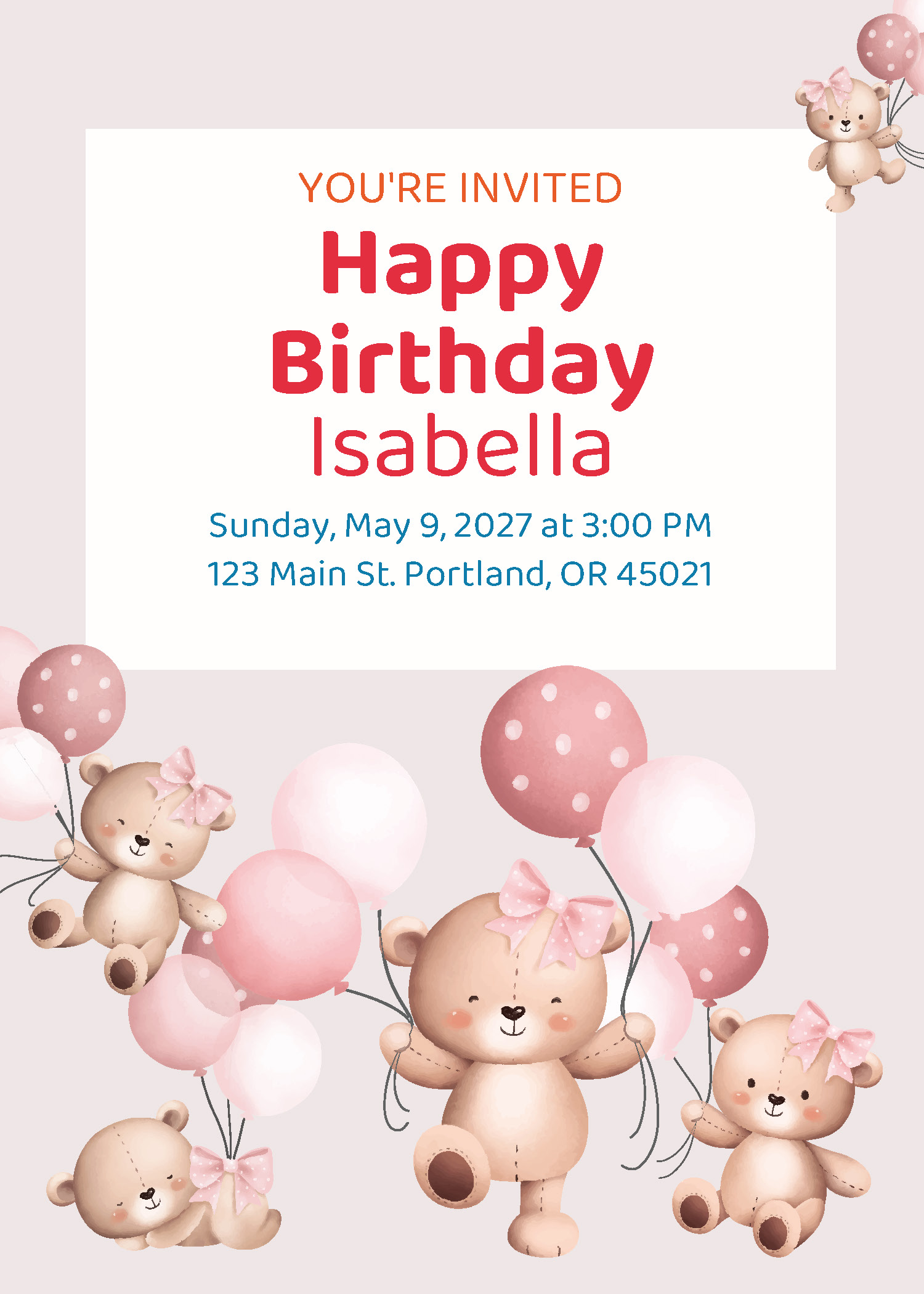 Girls teddy bear birthday party printable invitation personalized with child's name, date and address — Instant Party Kit