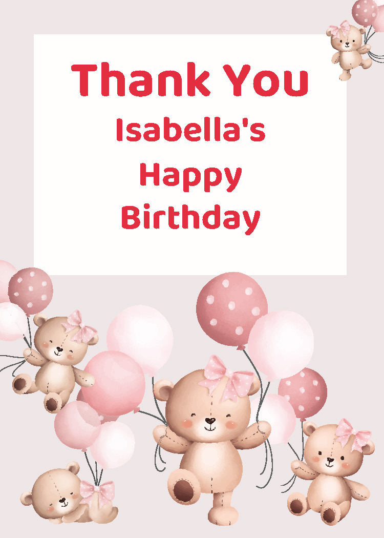 Girls teddy bear birthday party printable thank you tag personalized with child's name from Instant Party Kit