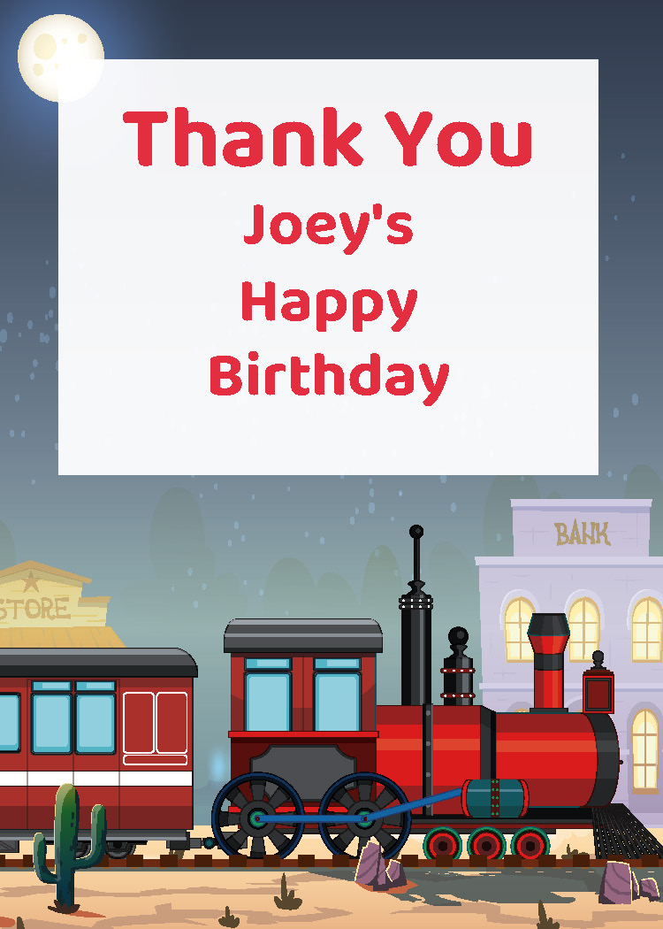 Train birthday party printable thank you tag personalized with boy's name from Instant Party Kit