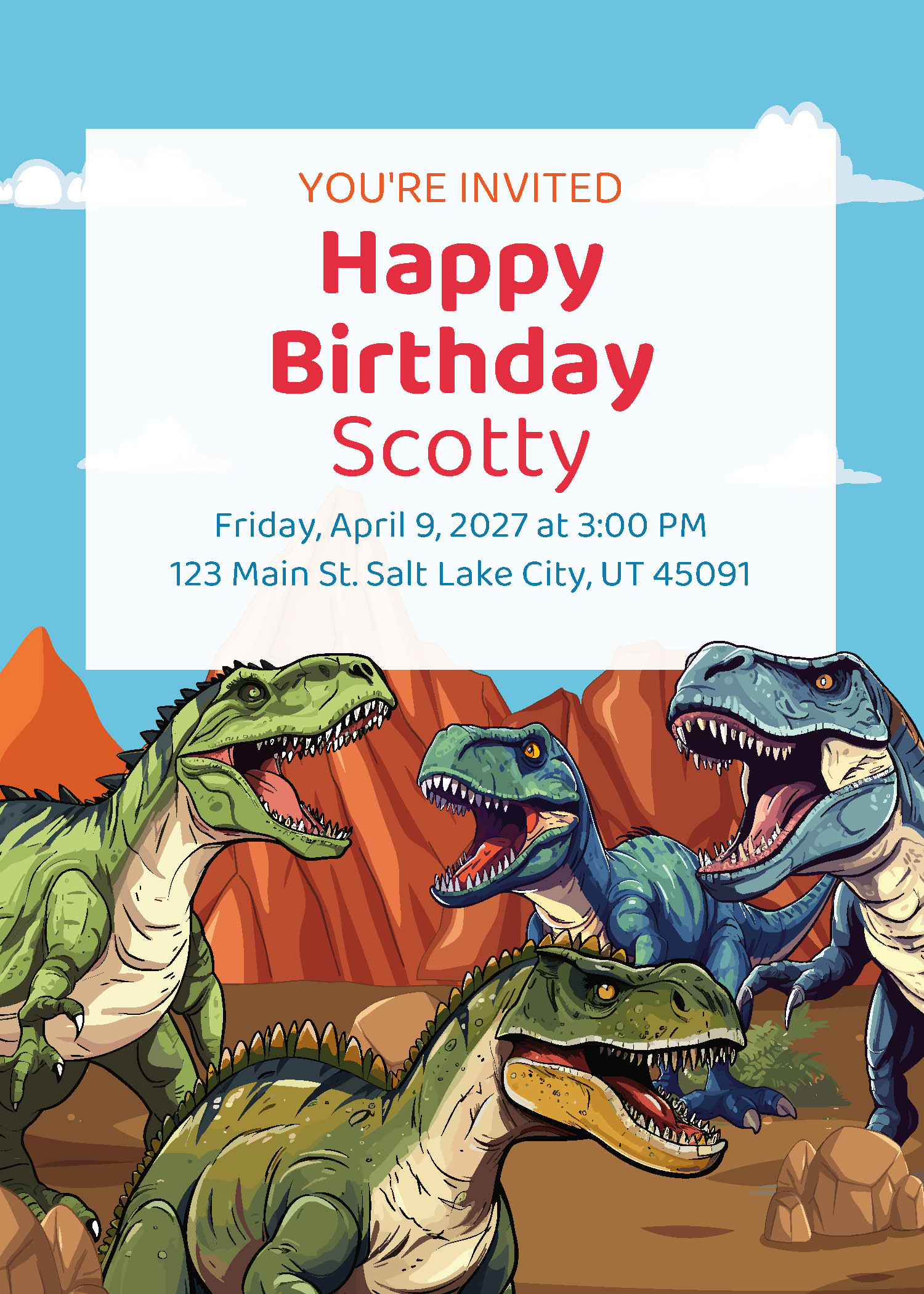 T-Rex birthday party printable invitation from Instant Party Kit