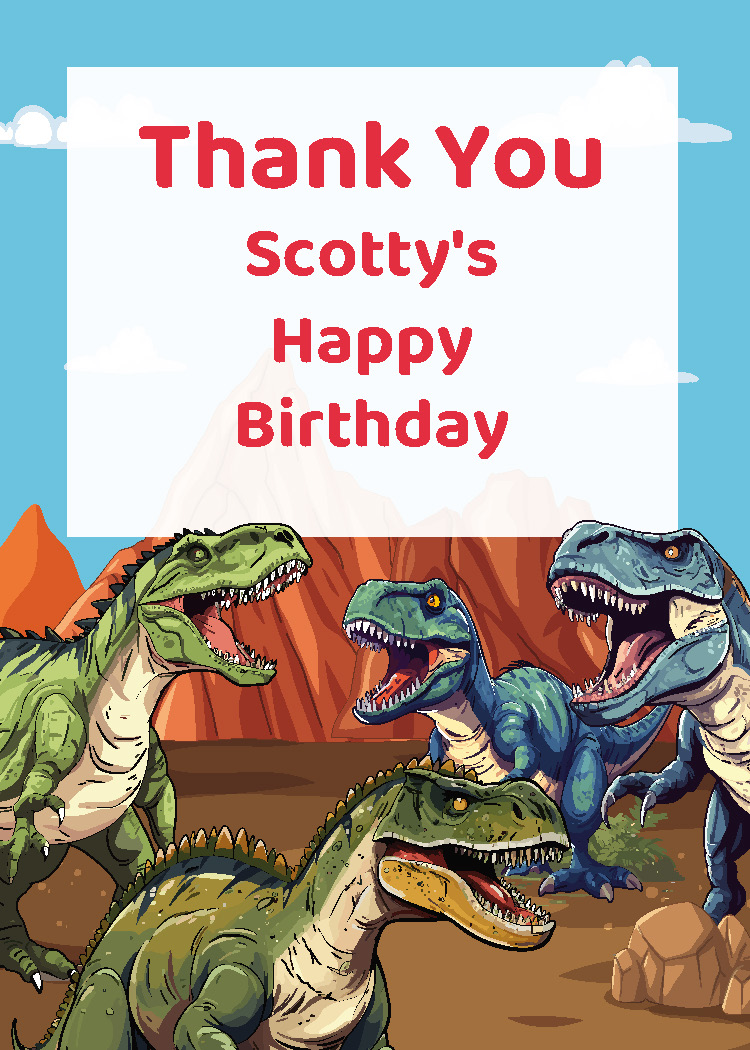 T-Rex birthday party printable thank you tag personalized with boy's name from Instant Party Kit
