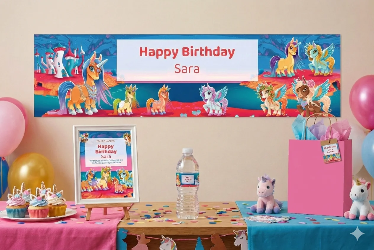 Personalized unicorn birthday party printable bundle showing custom banner, invitation, water bottle label, and thank you tag from Instant Party Kit