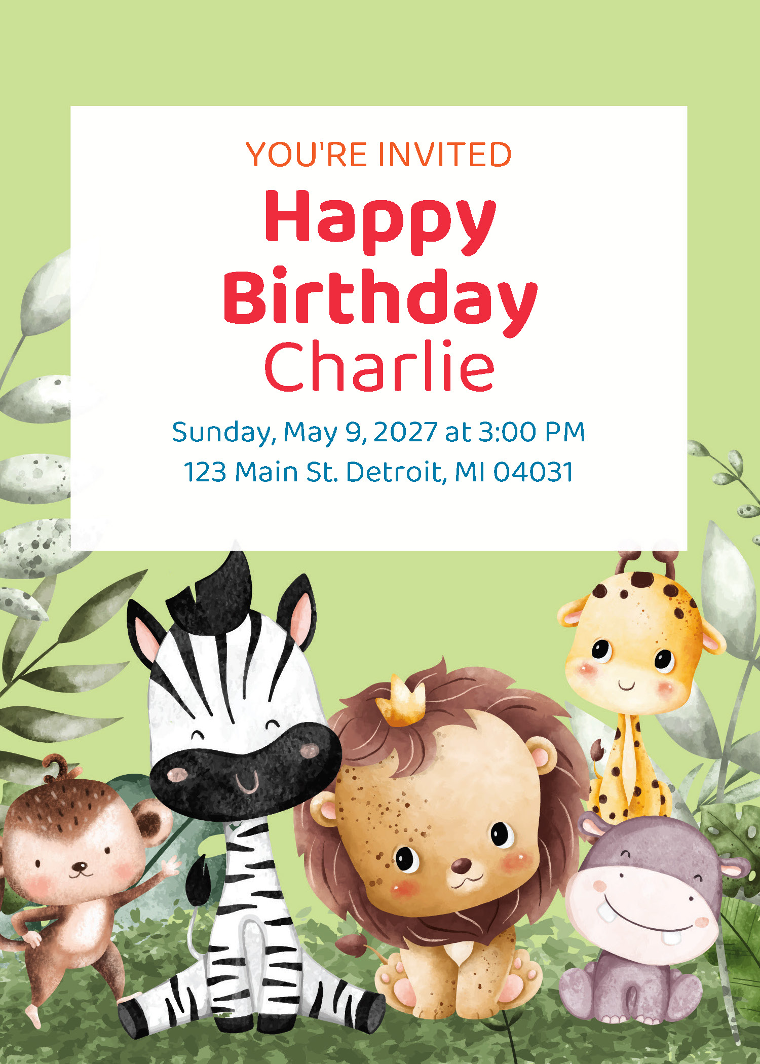 Wild One first birthday party printable invitation personalized with baby's name, date and address — Instant Party Kit